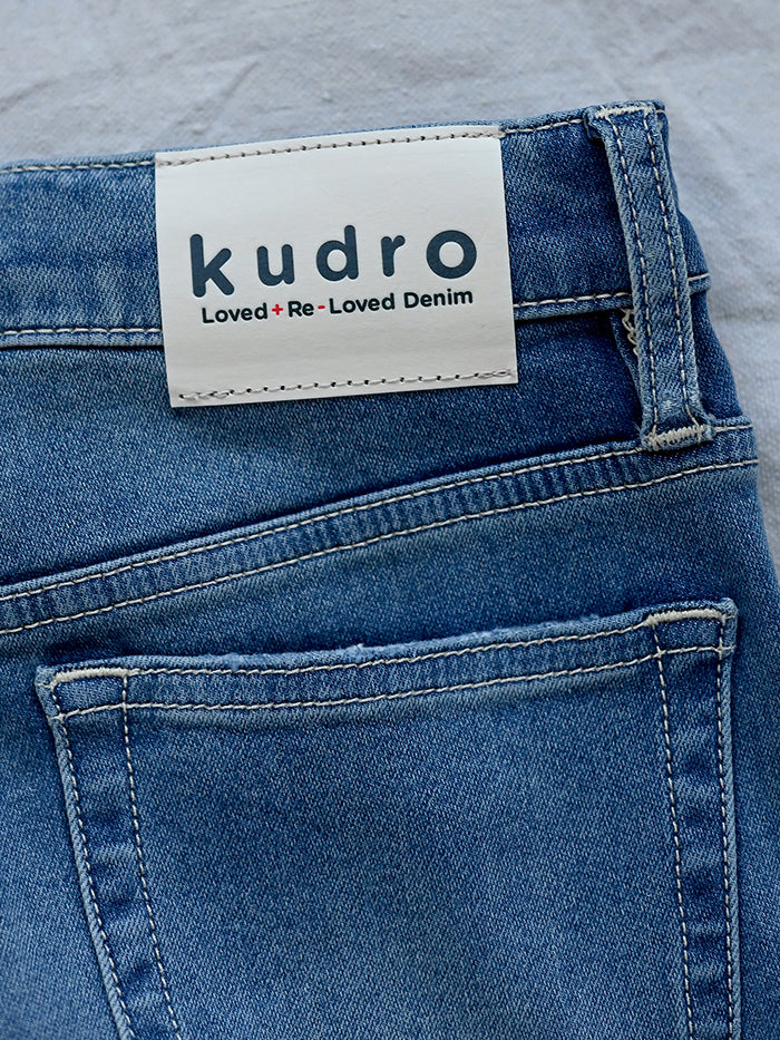 Kudro Kids The Utility Straight leg denim jeans with white label patch on waist