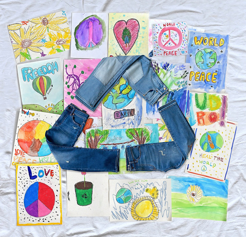 Kudro Kids art using recycled jeans to promote eco friendly