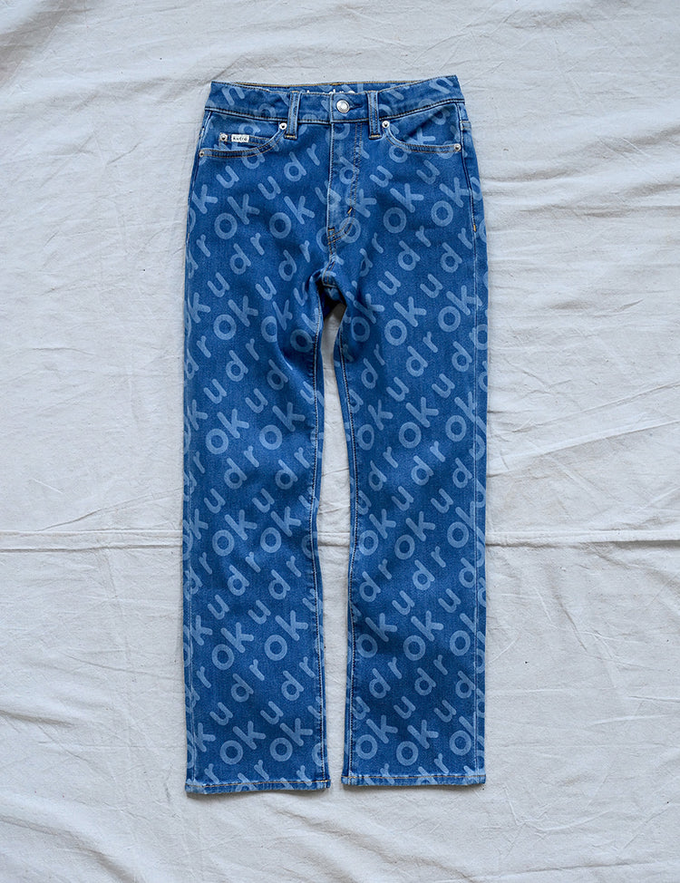 The Kudro straight leg jeans with unique pattern, full image shot