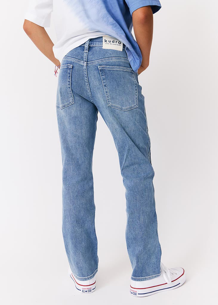 kudro kids utility straight jean back view showing bk pkts and bk patch on waistband