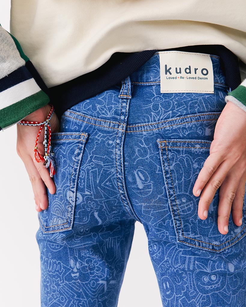 kudro kids wotto skinny jean with graphic ddodle print close up bk view with bk patch