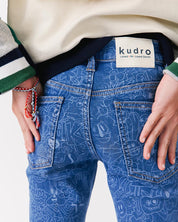 kudro kids wotto skinny jean with graphic ddodle print close up bk view with bk patch