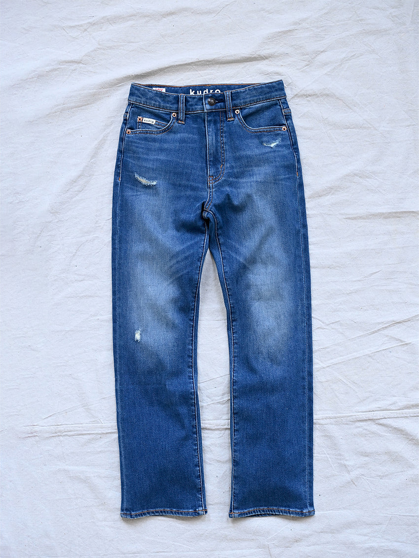 Kudro Kids The Destroy Straight leg jeans front pockets and scuffed design