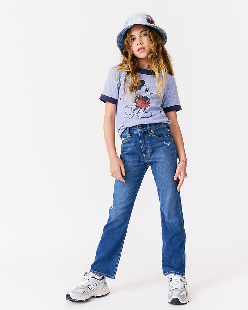 kudro kids destroy straight jean with vintage Mickie mouse tee  modeled by girl