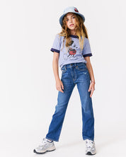 kudro kids destroy straight jean with vintage Mickie mouse tee  modeled by girl