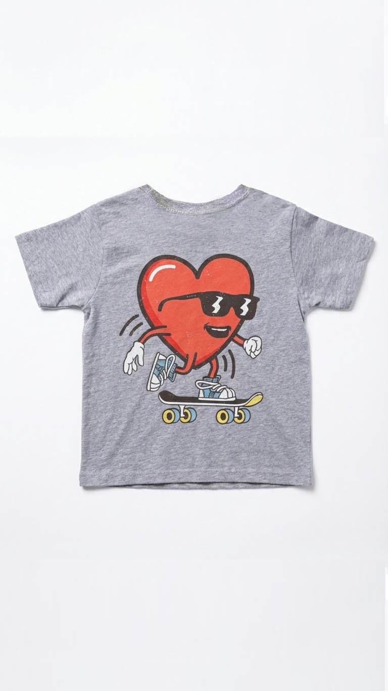 Gray t-shirt with a red heart graphic wearing sunglasses and riding a skateboard on a white background