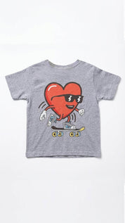 Gray t-shirt with a red heart graphic wearing sunglasses and riding a skateboard on a white background