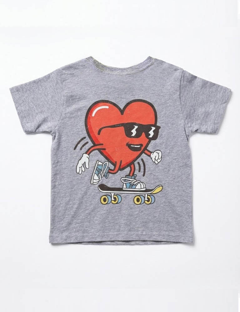 Gray t-shirt with a red heart graphic wearing sunglasses and riding a skateboard on a white background