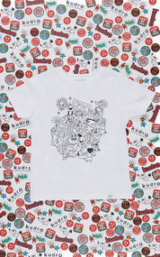 White shirt with black doodle graphic design and 'Kudro' branding on a patterned background