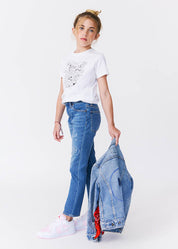 kudro kids repair skinny jean side view full shot on girl model holding denim jacket