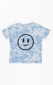 Blue tie-dye t-shirt with a smiley face design on a white background