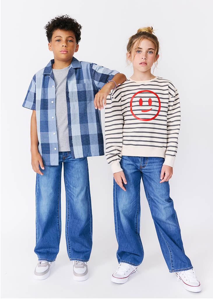 kudro kids wide leg jean full shot on boy and girl model