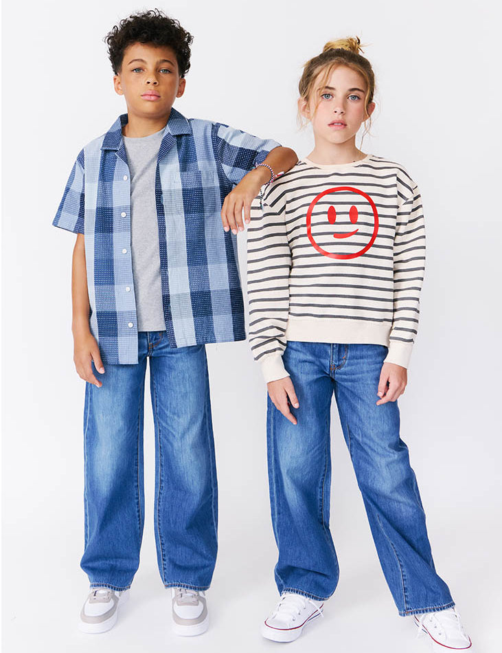 kudro kids wide leg jean full shot on boy and girl model