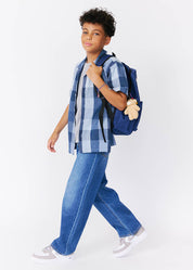 kudro kids wide leg jean full shot  side view on boy model 