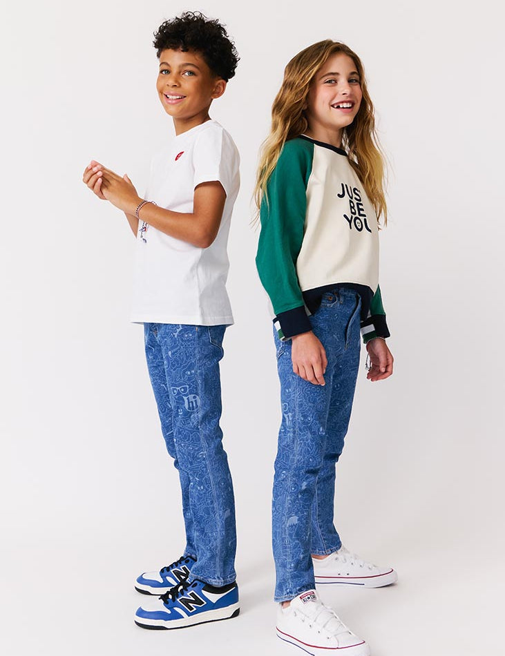 kudro kids wotto skinny jean with graphic ddodle print on girl and boy model